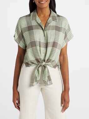 Threads 4 Thought Green Gray Plaid Tie Front Button-Up Crop Top Medium
